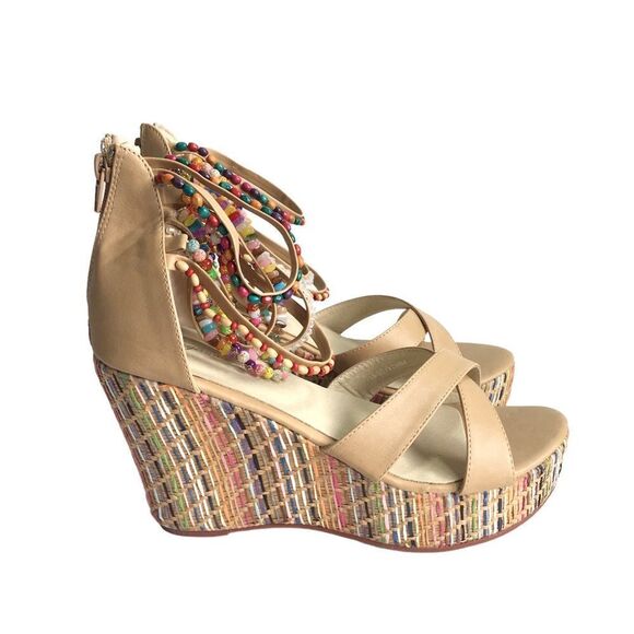 🆕Getmorebeauty Tan Ankle Beaded Strap Detailing Platform Wedge Sandals - Picture 4 of 9